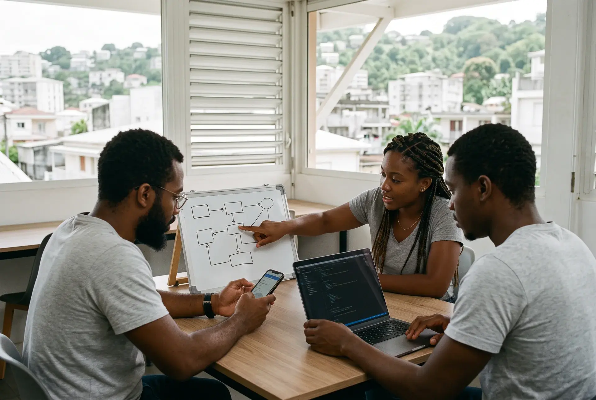 Équipe de développeurs caribéens travaillant ensemble à Fort-de-France