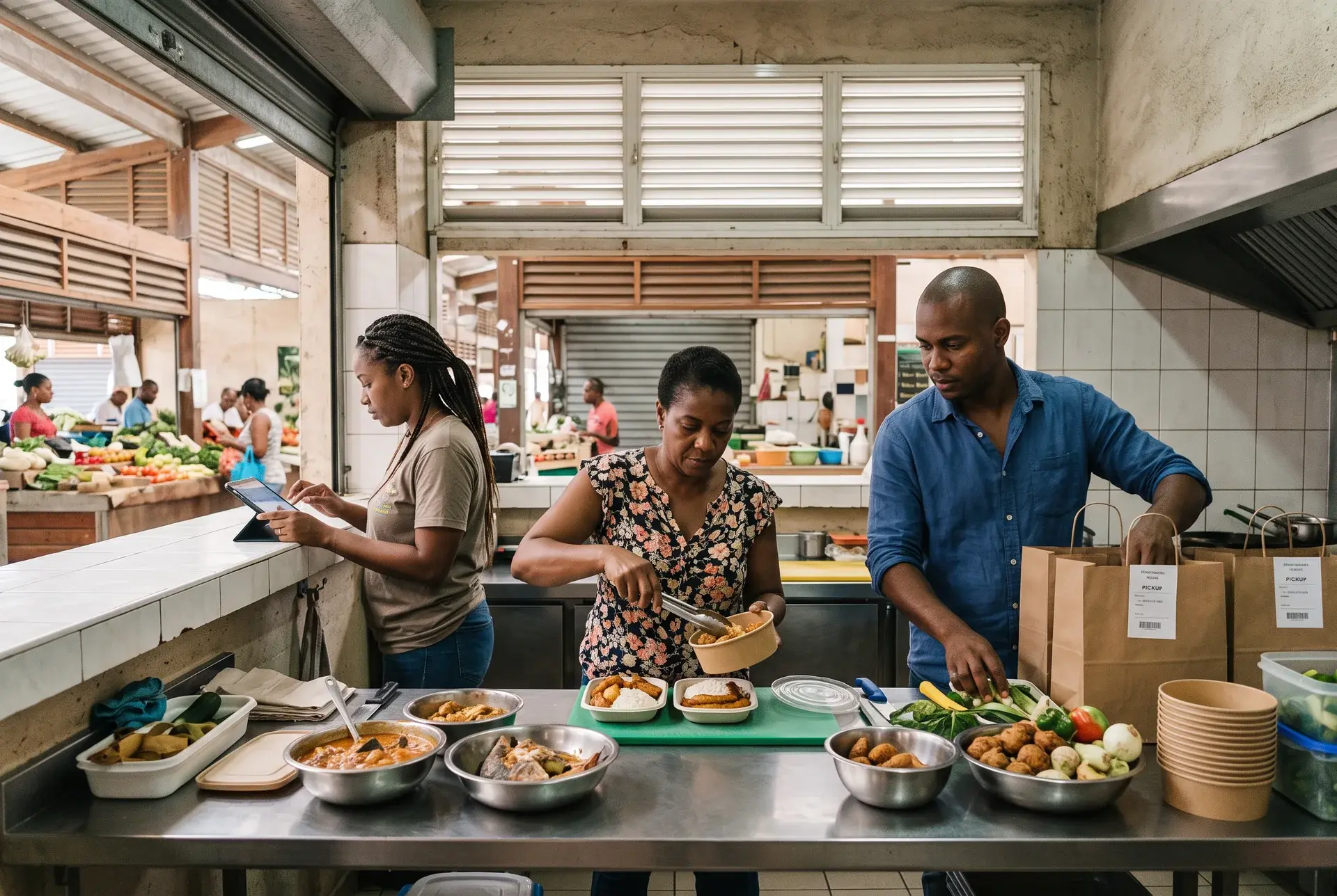 Petite équipe de traiteur martiniquais préparant des produits locaux