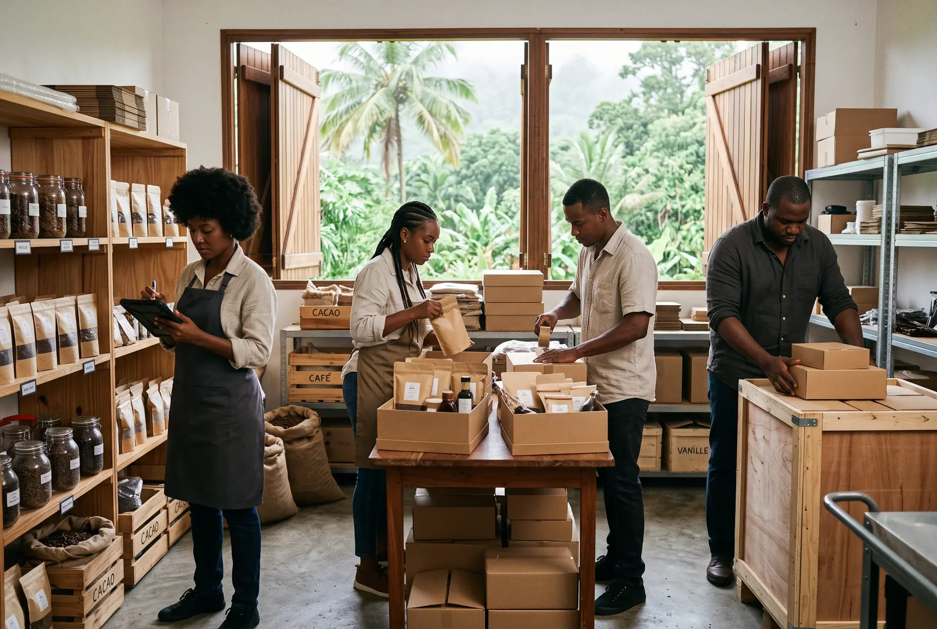 Équipe guadeloupéenne transformant et préparant des produits locaux