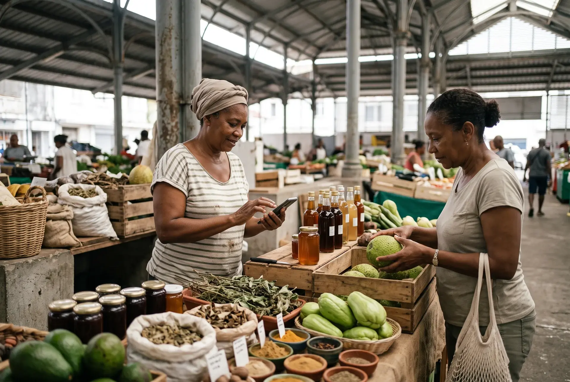 Commerçantes martiniquaises présentant épices, plantes et produits locaux sur un marché couvert
