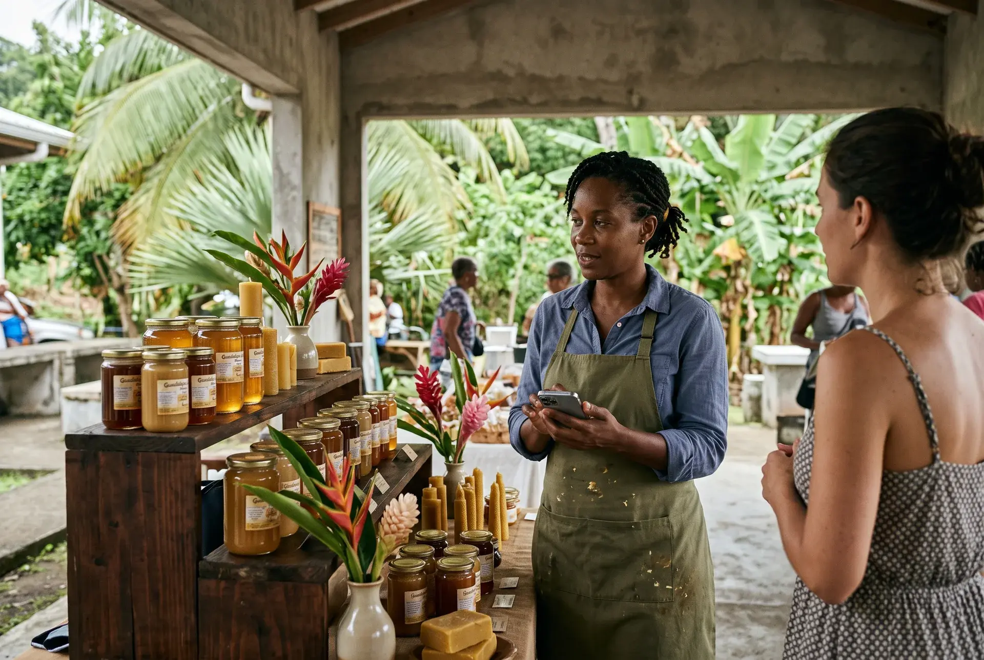 Apicultrice guadeloupéenne présentant son miel sur un marché local
