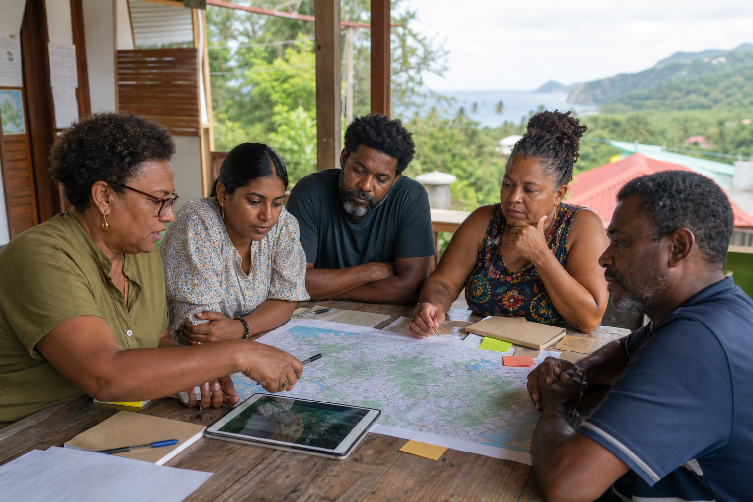 Cinq acteurs caribéens de générations différentes travaillent autour d’une carte territoriale et d’une tablette dans un lieu civique ouvert.
