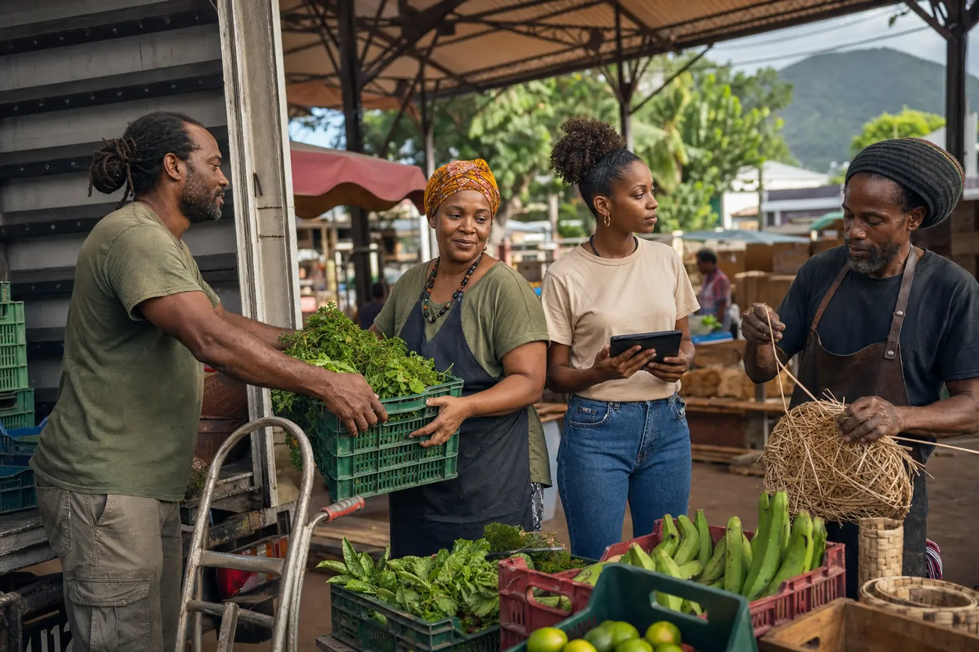 Équipe caribéenne coordonnant des produits locaux avec une tablette
