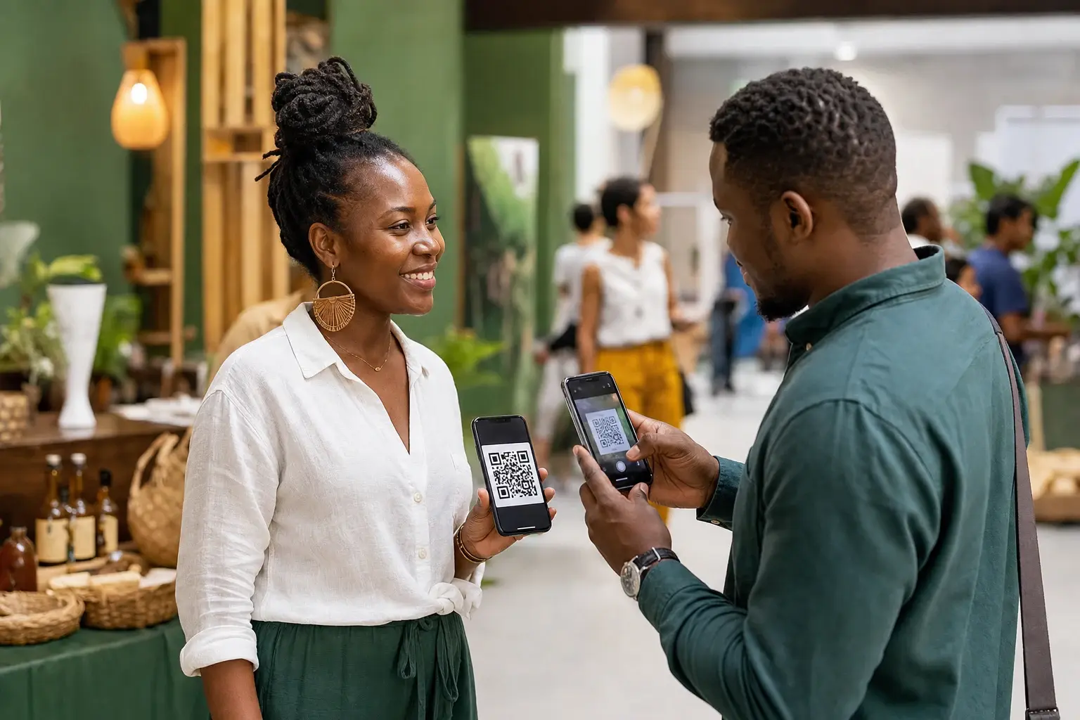 Deux professionnels caribéens échangeant leurs HUB par QR code lors d’un salon
