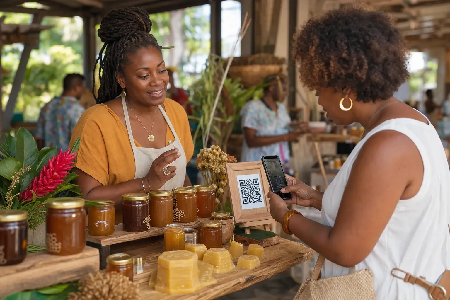 Productrice de miel échangeant avec une cliente devant un QR code