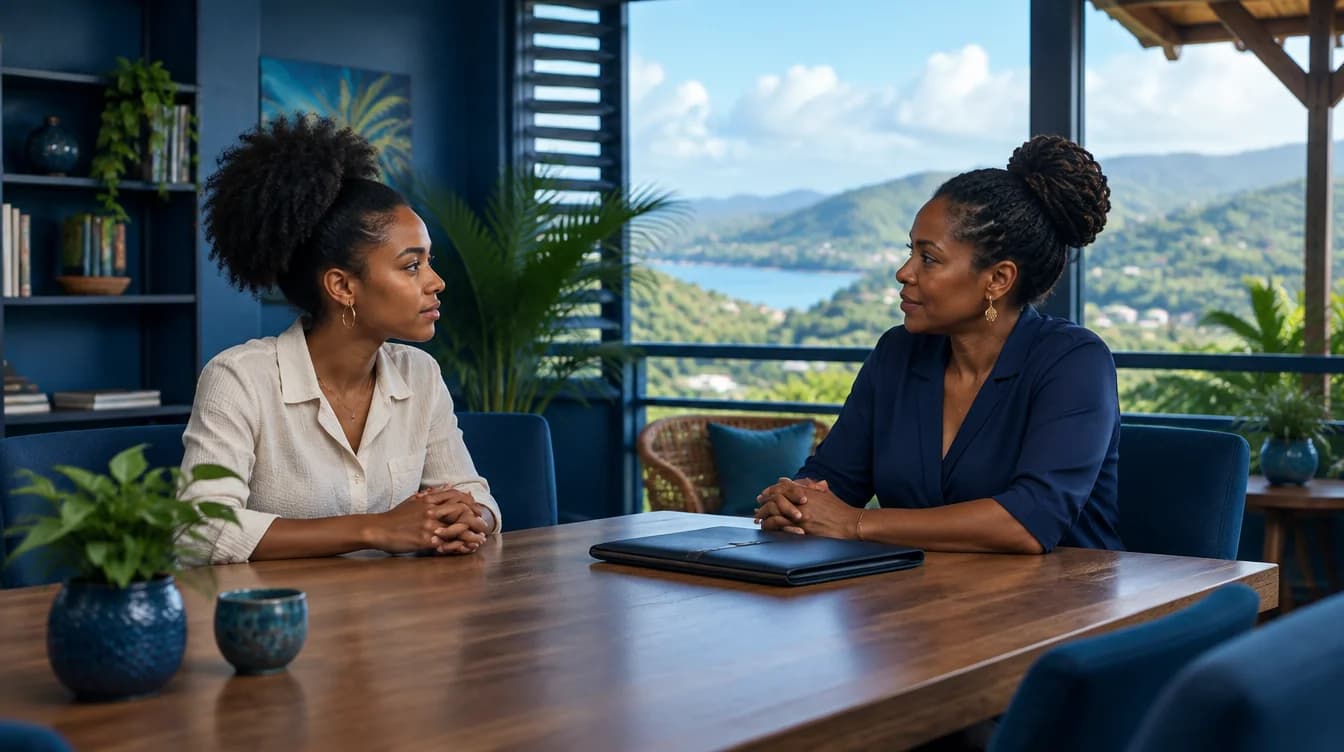 Illustration: a candidate and a business owner discuss a professional opportunity.