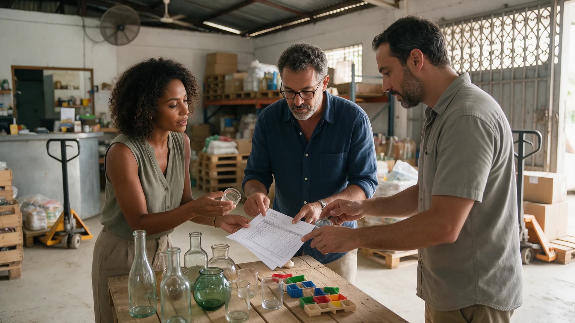 Entrepreneuse, fournisseur et transitaire examinent des échantillons et préparent une opération commerciale dans un entrepôt.